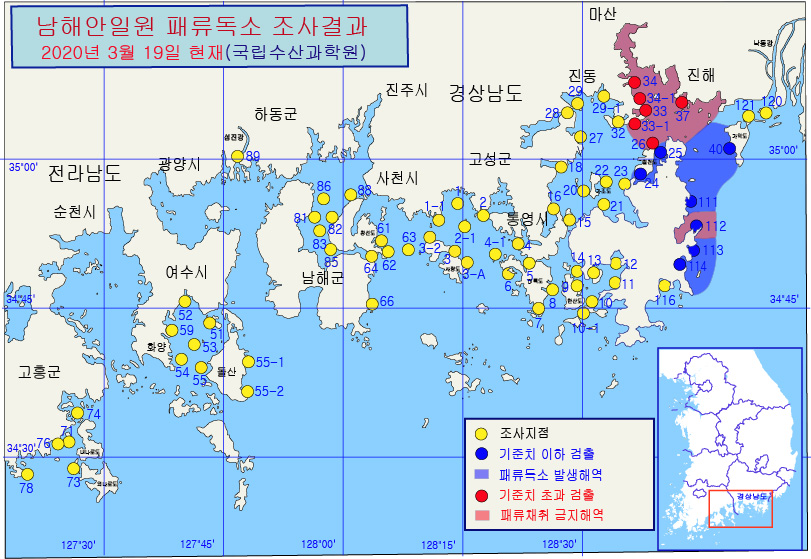 그림입니다.

원본 그림의 이름: 남해안 패독조사결과-20-11차-20200319.jpg

원본 그림의 크기: 가로 811pixel, 세로 559pixel