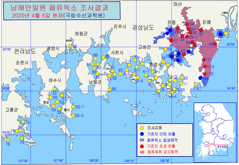 그림입니다.

원본 그림의 이름: 남해안 패독조사결과-20-19차-20200406.jpg

원본 그림의 크기: 가로 811pixel, 세로 559pixel