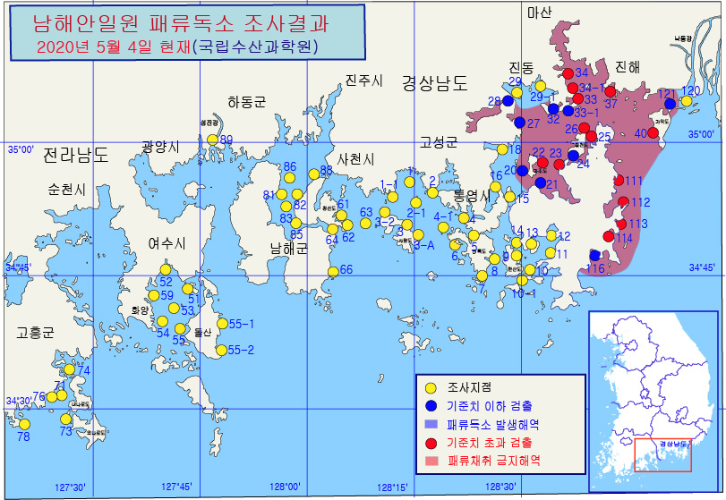 그림입니다.

원본 그림의 이름: 남해안 패독조사결과-20-34차-20200504.jpg

원본 그림의 크기: 가로 811pixel, 세로 559pixel