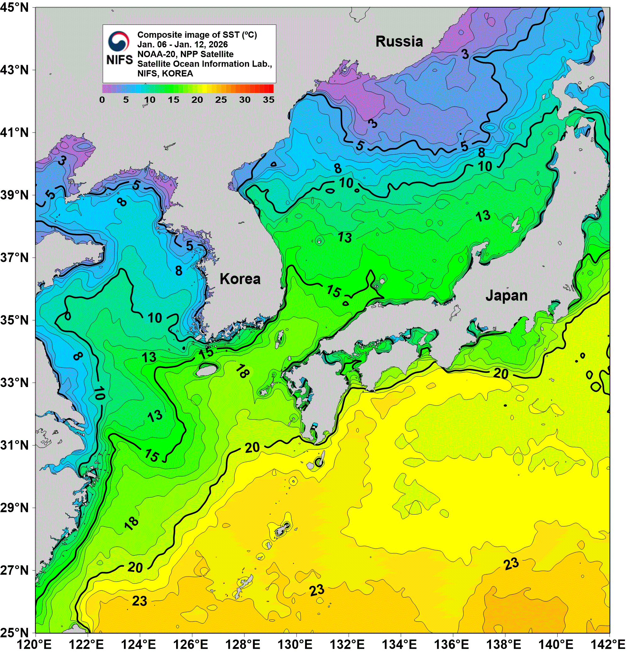 Composite Image of SST(℃) Sep.10 - Sep. 16, 2024. NoAA Satellite. Satellite Ocean Information Lab. NIFS, KOREA