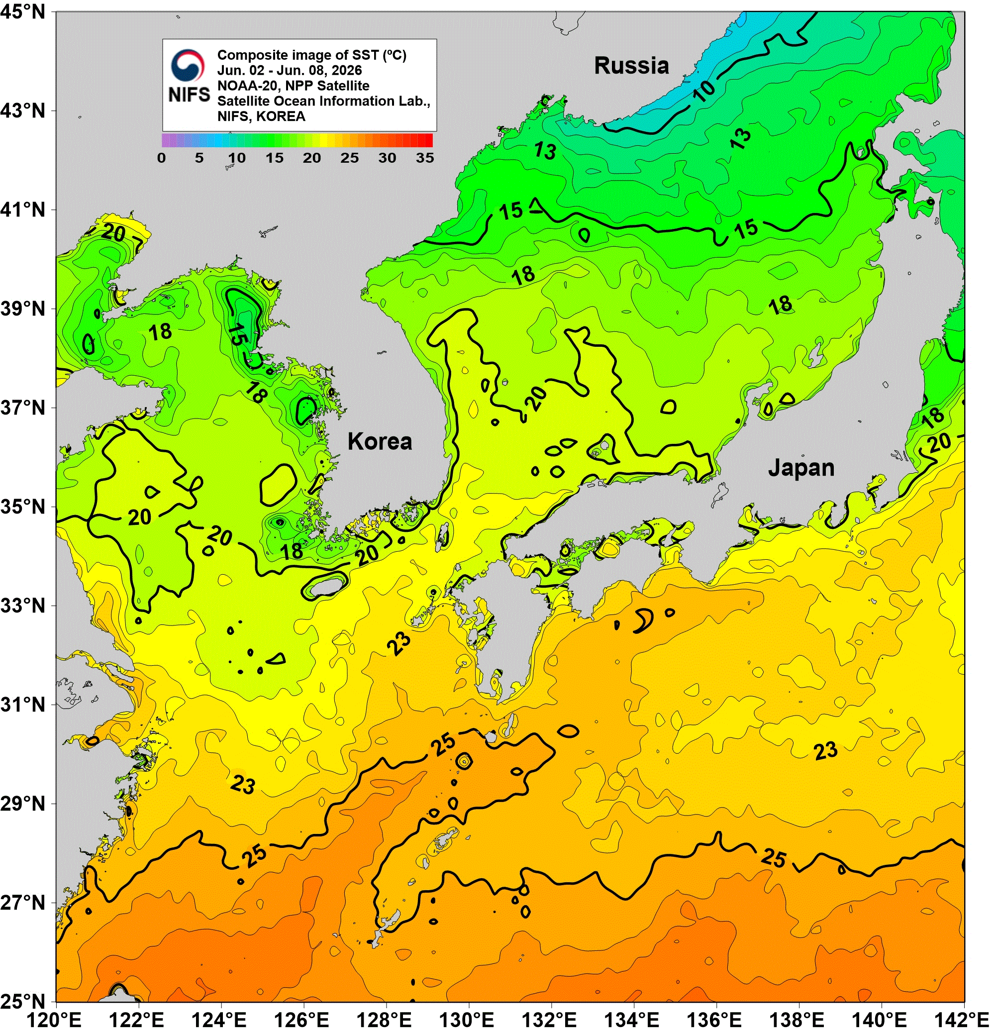 Composite Image of SST(℃) Sep.10 - Sep. 16, 2024. NoAA Satellite. Satellite Ocean Information Lab. NIFS, KOREA