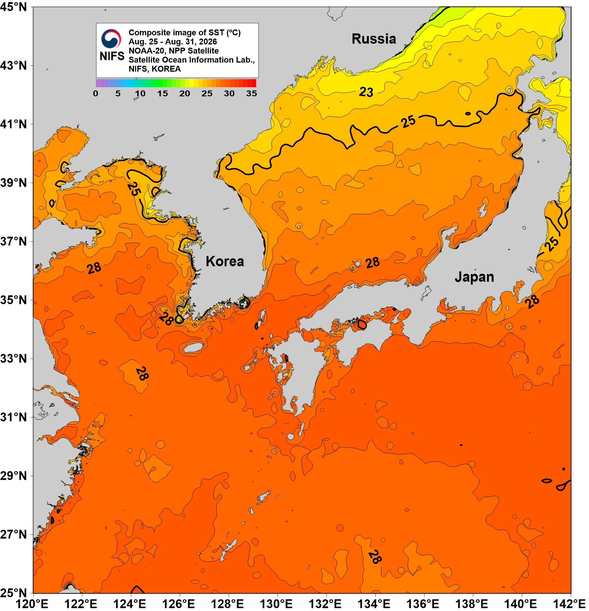 Composite Image of SST(℃) Sep.10 - Sep. 16, 2024. NoAA Satellite. Satellite Ocean Information Lab. NIFS, KOREA