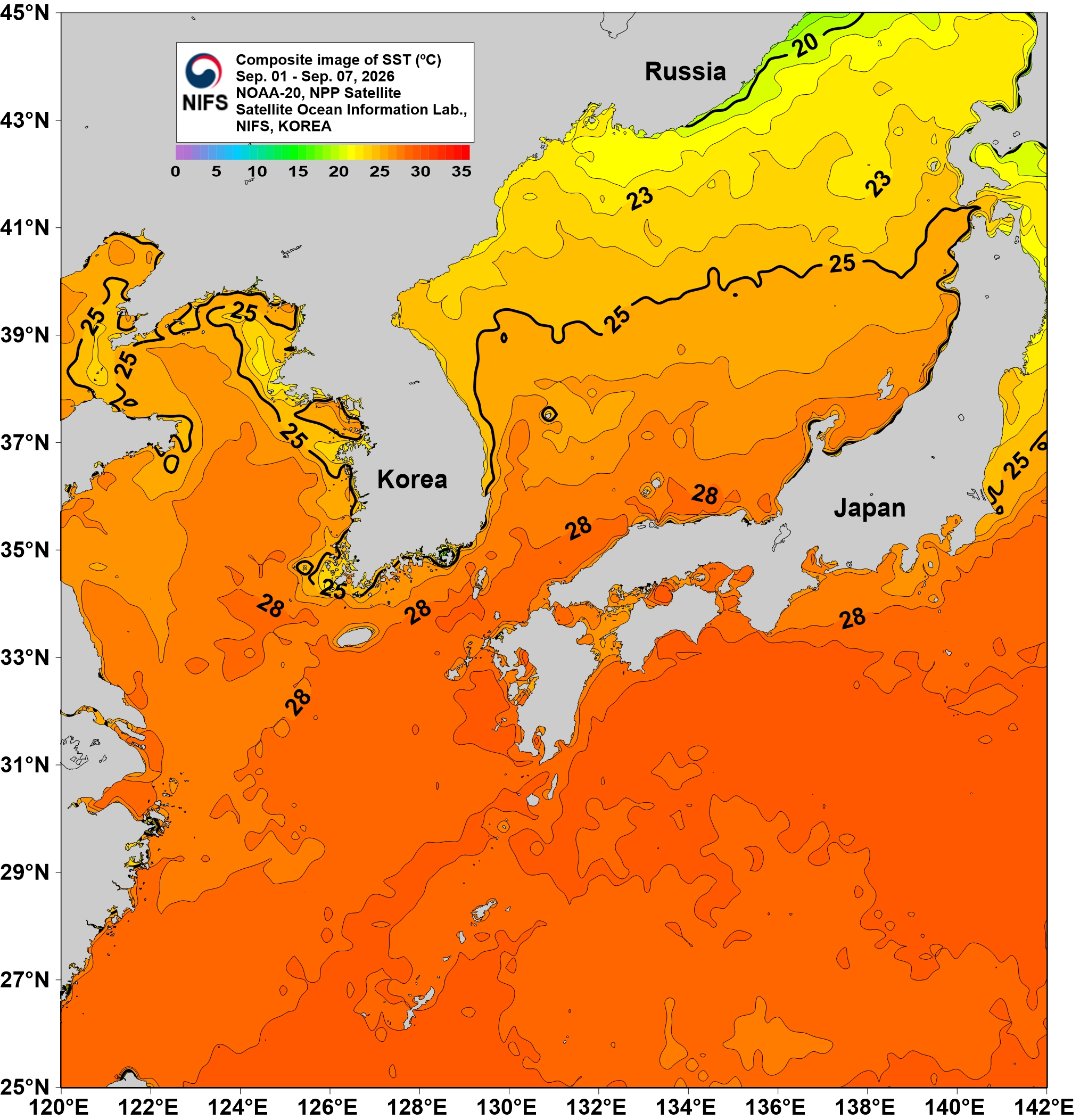 Composite Image of SST(℃) Sep.10 - Sep. 16, 2024. NoAA Satellite. Satellite Ocean Information Lab. NIFS, KOREA